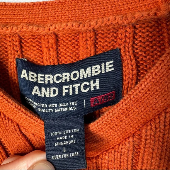 Abercrombie & Fitch Men’s Y2K Orange Ribbed Cotton V-neck Moose Logo Sweater - Picture 4 of 11